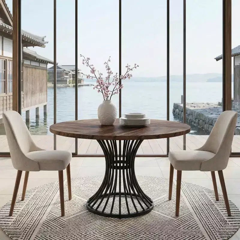MAYEERTY 47 Round Hourglass Farmhouse Dining Table, MDF Top & Metal Base, 6-Person Versatile Table for Home & Cafe