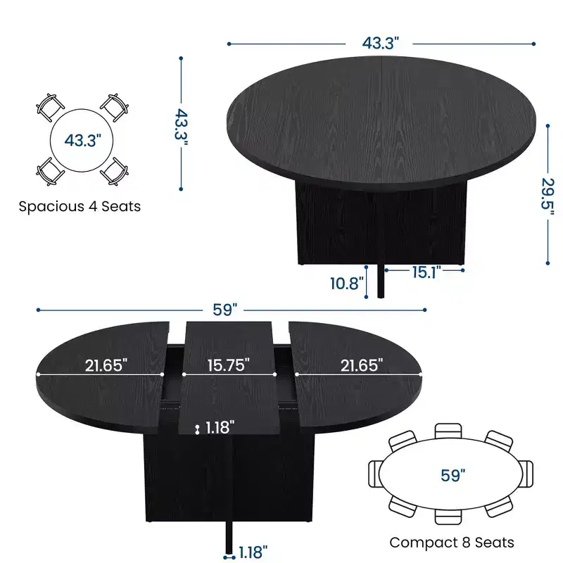 Sleek Extendable Dining Table, Transforms from Round to Oval (43.3-59), Comfortably Seats 4 to 8 Guests