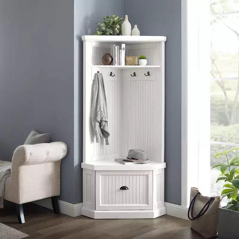 Corner Hall Tree Distressed White with Shoe Storage and 4 Hooks