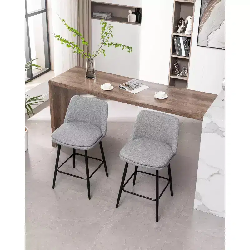 MAYEERTY Set of 2 Counter Height Swivel Bar Stools 360 Swivel Upholstered 25.6in Seat Height Linen Cloth Gray for Kitchen Island Pub