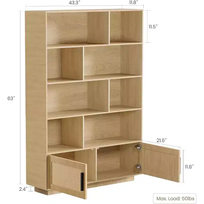 Five-layer wooden bookcase, storage cabinet with rattan door, modern style bookshelf, suitable for living room, bedroom and study