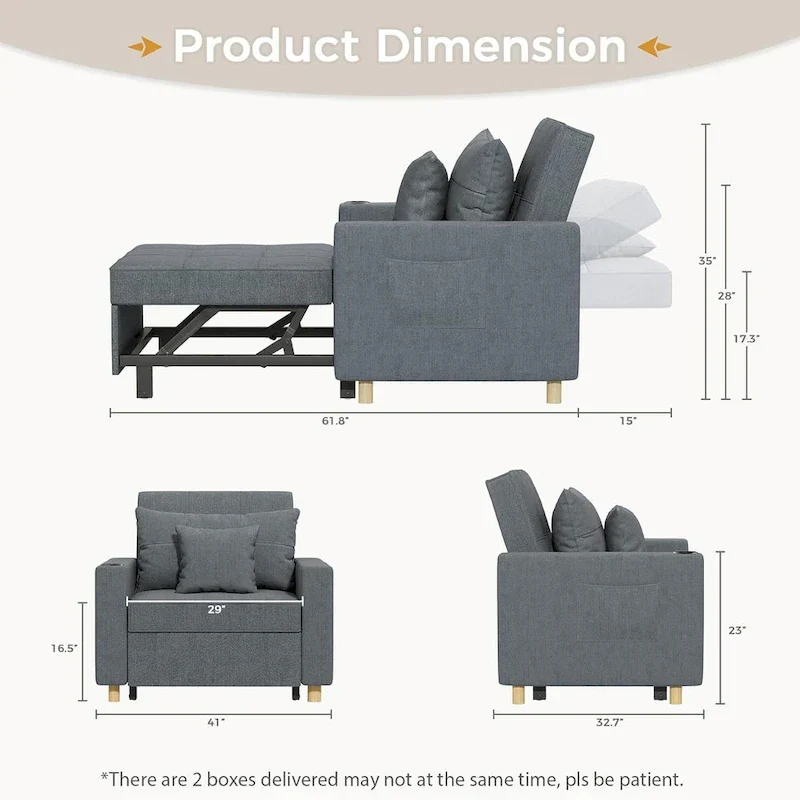 Adjustable Sleeper Chair Bed, 3-in-1 Convertible, Multiple Colors, Fits 1 Person