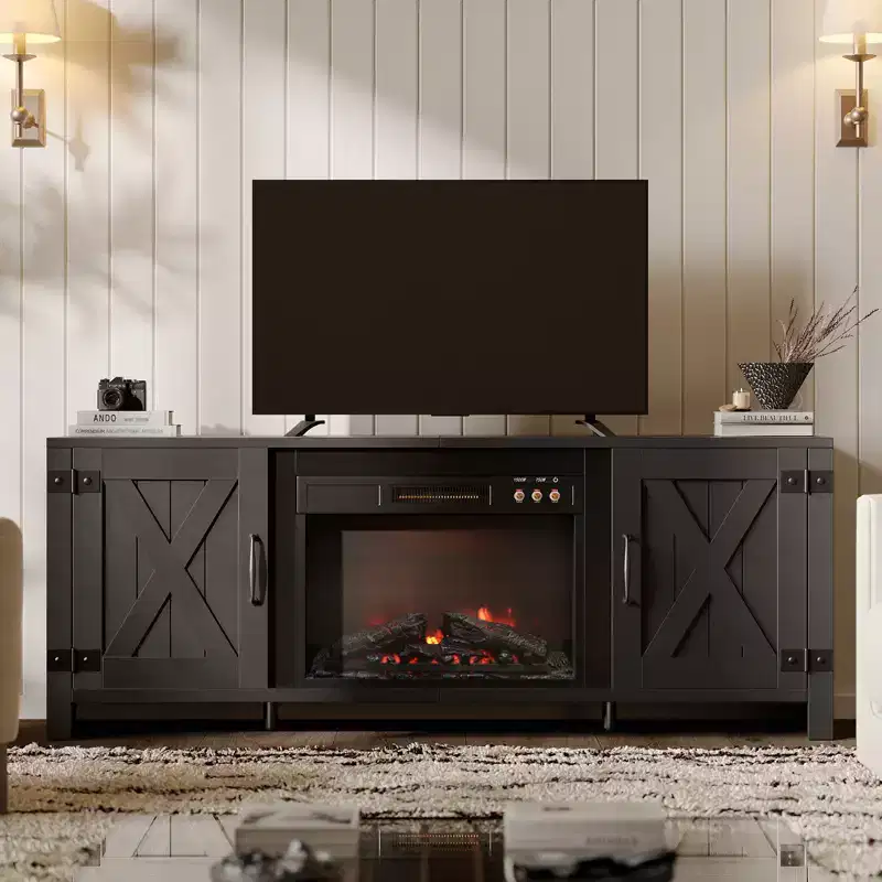 63 Fireplace TV Stand for TVs up to 70, Farmhouse Barn Door Entertainment Center TV Console with 23 Fireplace for Living Room