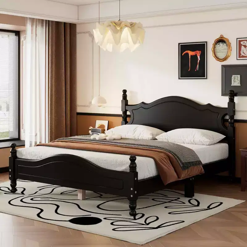 MAYEERTY Queen Size Retro Wood Platform Bed Frame with Wooden Slat for Bedroom Black