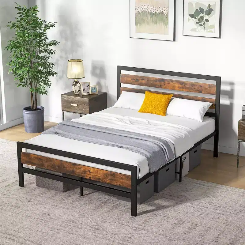 Full/Queen Industrial Metal Platform Bed with Rustic Wood Headboard