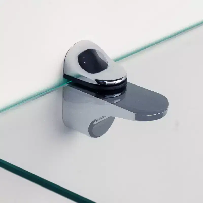 Clear Glass Corner Floating Shelves, Chrome Brackets – Set of 2