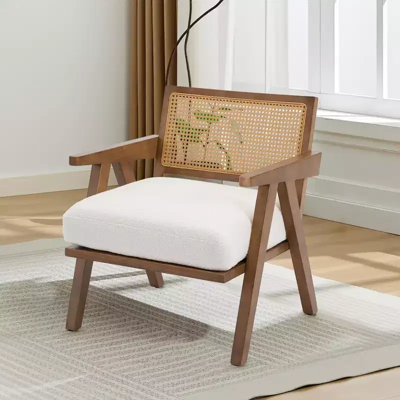 Wood & Rattan Accent Chair with Linen Cushion, 29.5
