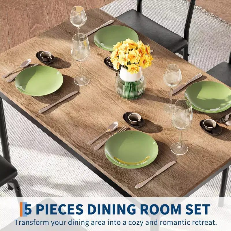 5 Piece Dining Table Set, with 4 PU Upholstered Chair