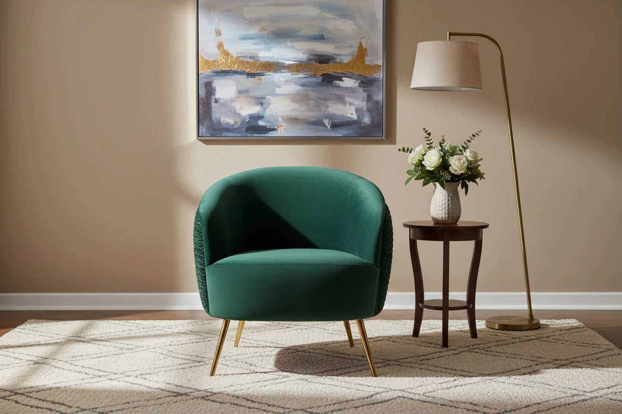 Curved Dark Green Polyester Velvet Lounge Chair with Stainless Steel Legs
