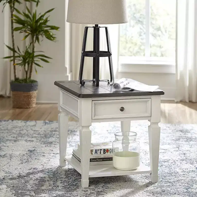 Drawer End Table in Wirebrushed White with Charcoal Top