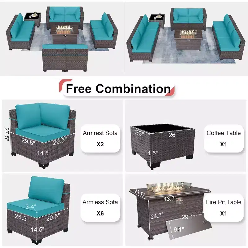 ALAULM 10 Pieces Patio Furniture Set, Rattan Wicker Outdoor Conversation Sets, Furniture Sofa Set