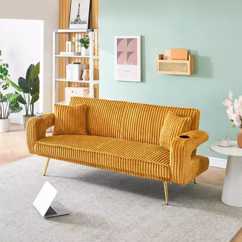 MAYEERTY Straight Corduroy Sofa Bed with Pillows Adjustable in The Three Levels for Use In Living Room Orange