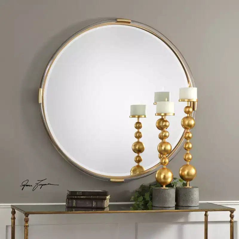 Round Vanity Decorative Wall Mirror Beveled Metallic Gold Clear Acrylic Wood Frame 37 1/2 Wide for Bathroom Bedroom