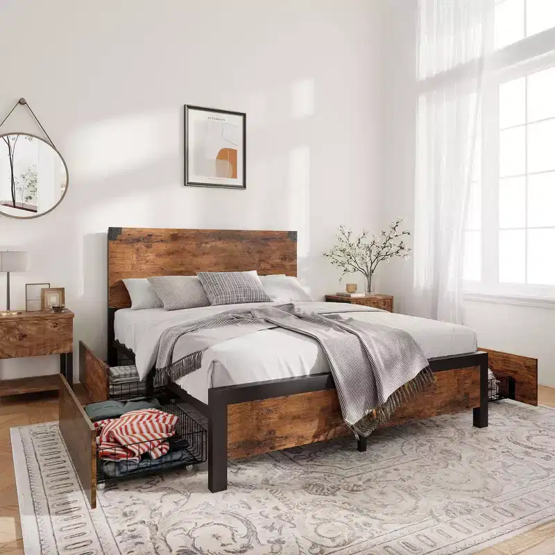 Bed Frame with 4 Storage Drawers and Heavy Duty, Strong Metal Support Bed Frame with Wooden Headboard, No Box Spring Needed, Easy Assembly