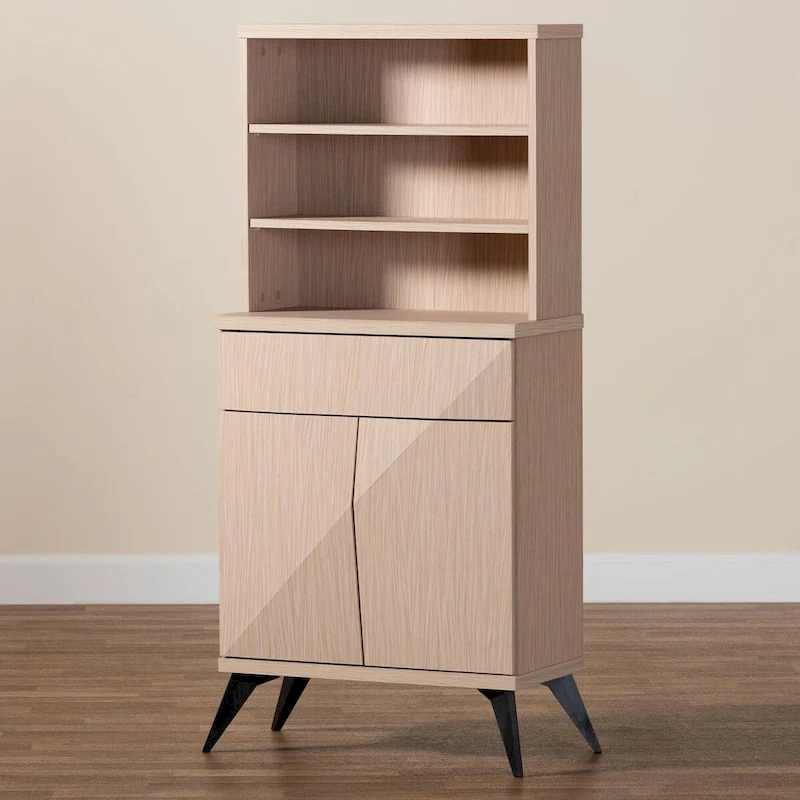 Draper Mid-Century Modern Two-Tone Light Brown and Black Wood Kitchen Cabinet