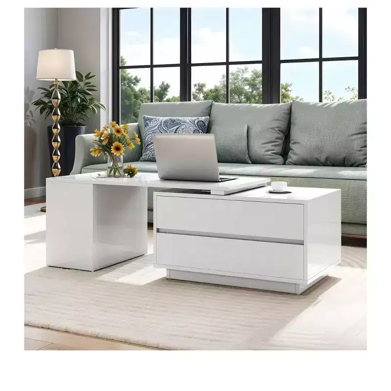 Convertible Extendable LED Coffee Table with 4 Storage Drawers and Open Shelves, White