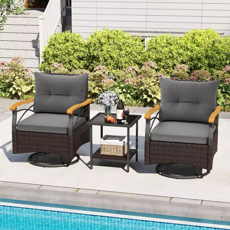 Costway 3 PCS Outdoor Swivel Chair Set with 2-Tier Tempered Glass Side Table Cushions Gray/White