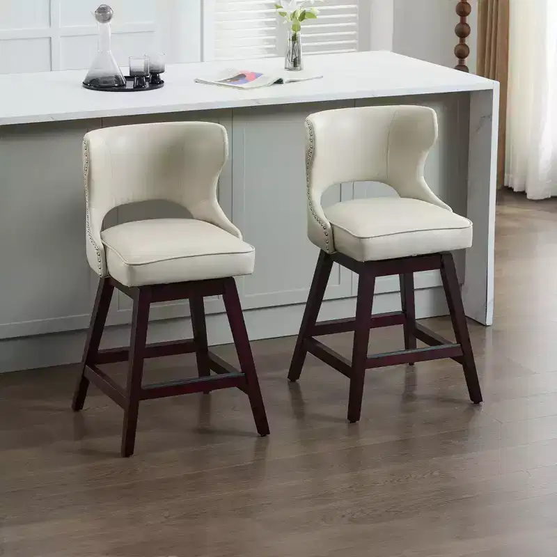 Swivel Nailhead Counter Bar Stools Set of 2 Upholstered 360° Solid Wood Legs 26