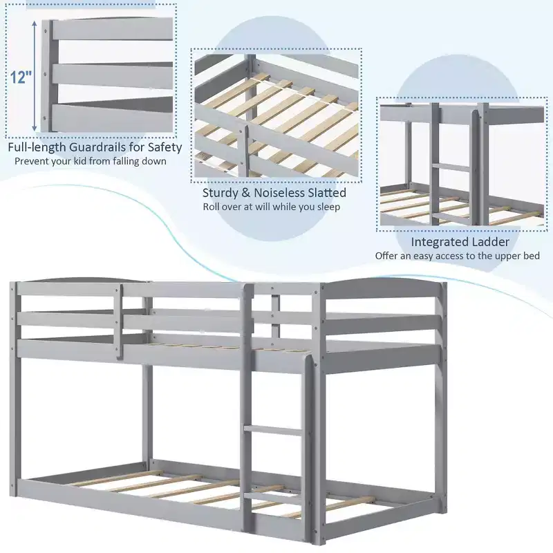 Costway Twin over Twin Low Bunk Bed with Guardrails Integrated Ladder Kids Wooden Grey/White/Beige/Pink