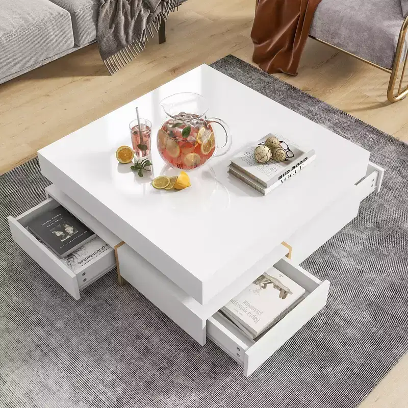 High Gloss Coffee Table with 4 Drawers, Square Storage Center Table for Living Room, White