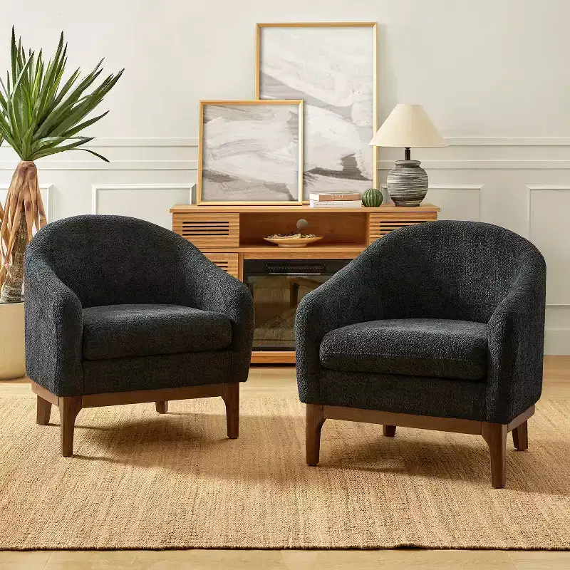 Boucle Barrel Armchair Set of 2 Solid Wood Legs High-Density Foam Dual-Sided Cushion