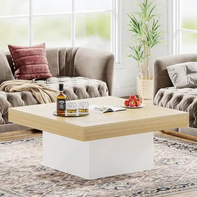 Farmhouse Coffee Table Square LED Coffee Table Engineered Wood Coffee Table