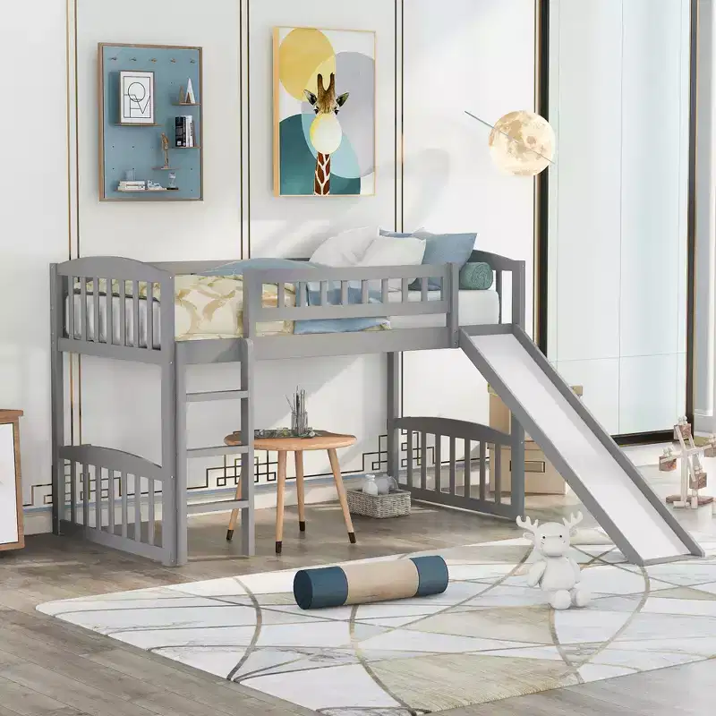 Whisen 77.4''L  88.9''W Twin Size Wood Loft Bed with Slide and Ladder