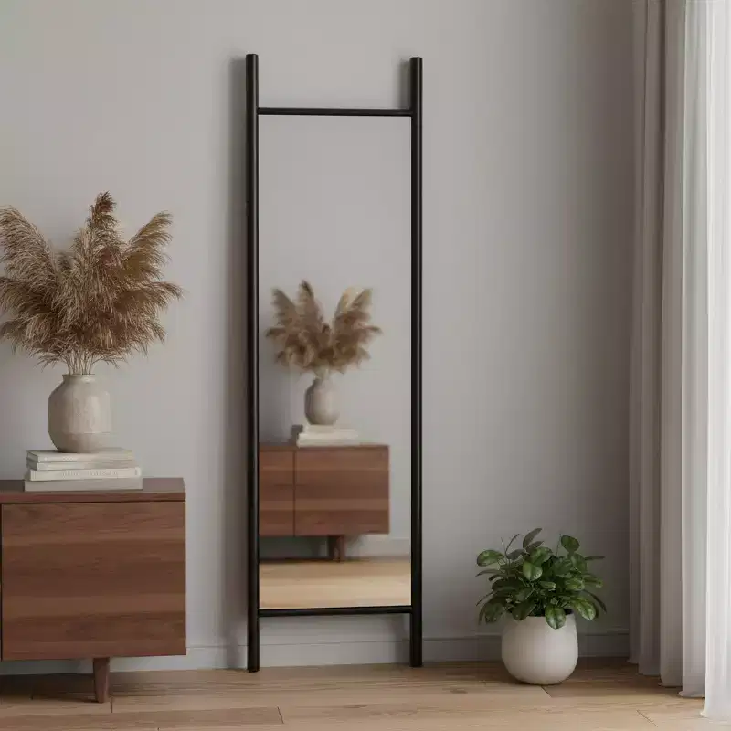 Black Wood Leaning Full-Length Mirror, Rectangle, 1-Person