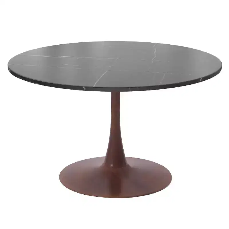 LeisureMod Bristol 40 Round Dining Table with Sintered Stone Top and Walnut Steel Pedestal Base for Modern Kitchen and Dining Room