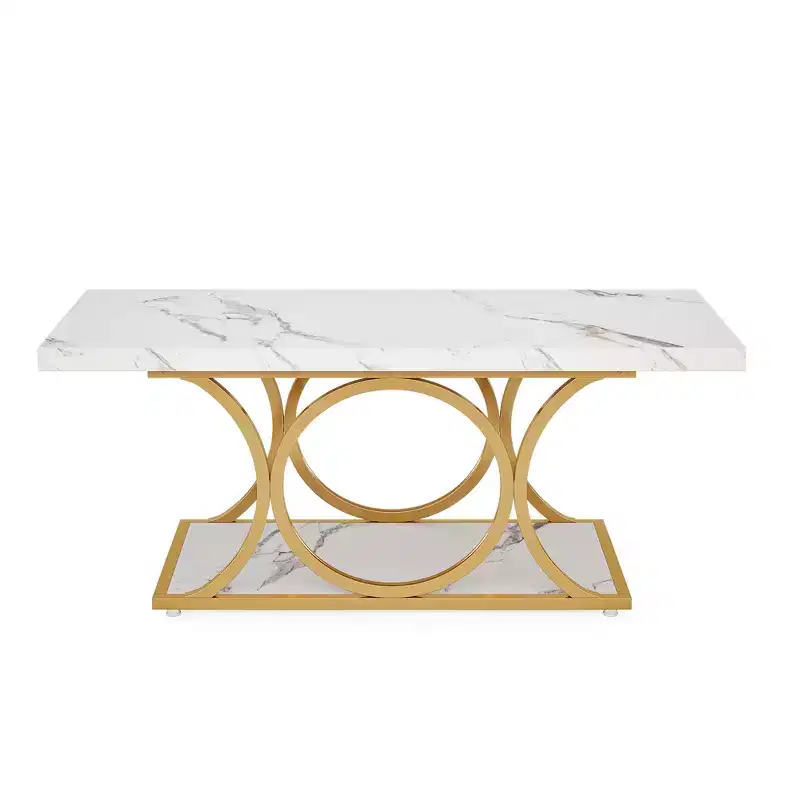 2-Tier Modern Coffee Table – White Faux Marble Top & Gold Metal Legs, 47