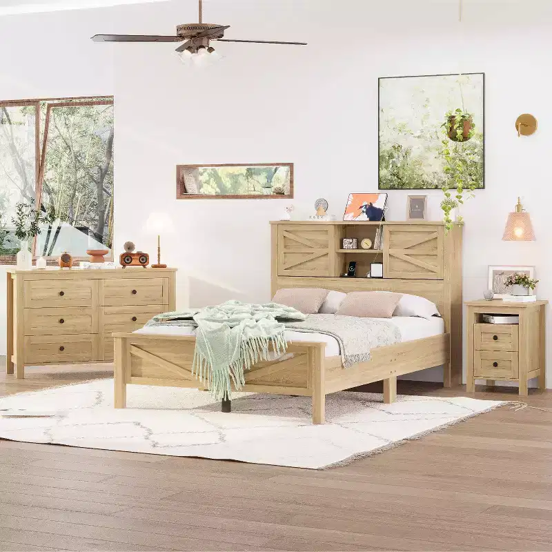 MAYEERTY 3 Pieces Full Bedroom with Double Sliding Door Storage Headboard and Chariging Station Storage Nightstand and Dresser for Bedroom Natural