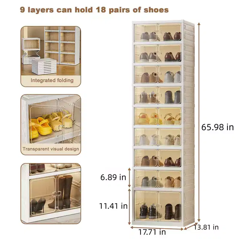 Stackable Foldable Shoe Rack, 9-Layer Storage Boxes for Shoes, Clothes, Blankets, Books, White, 17.7x13.8x66 in
