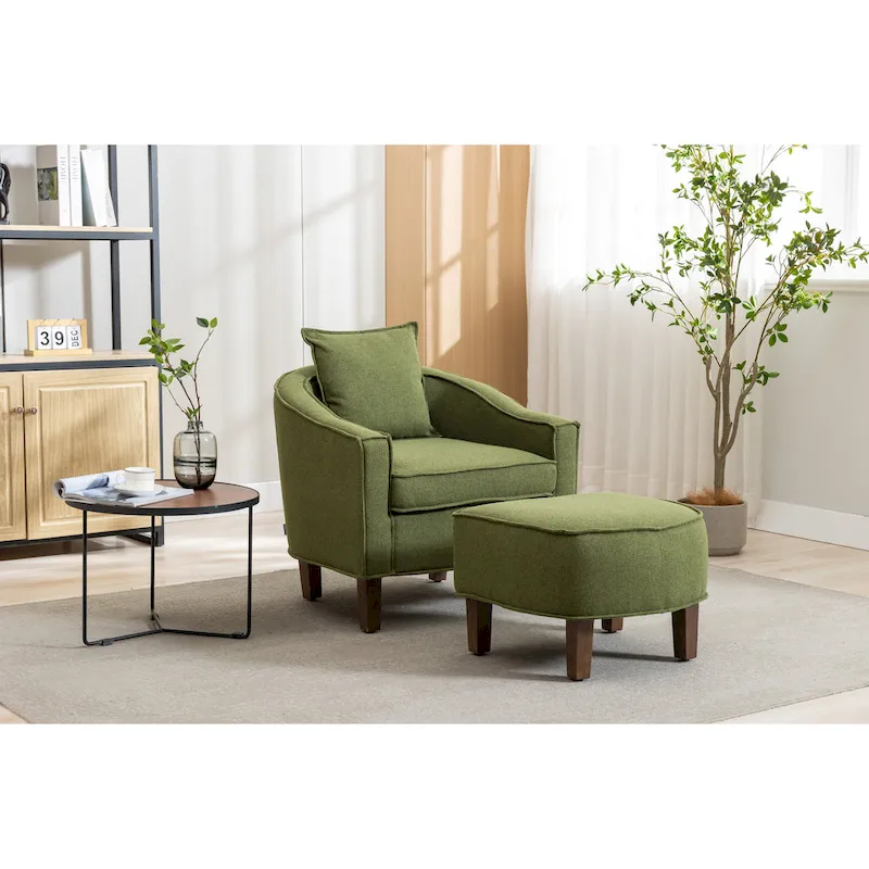 Mid-Century Upholstered Barrel Accent Round Arm Chair with Ottoman