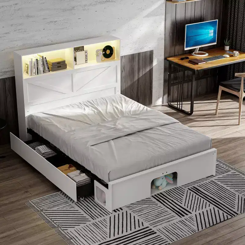 Famapy Smart Bluetooth-Enabled Bed Frame,App-Contrl,Custom RGB Lights,Power Outlets, Open Shelves+4 Rolling Drawers,Central Iron Frame,Pet Nook
