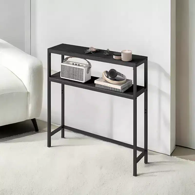 LEDREM Modern 2-Tier Console Table, Narrow Sofa Table with Dual Shelves, Entryway Table, Sturdy Steel Frame, Ink Black