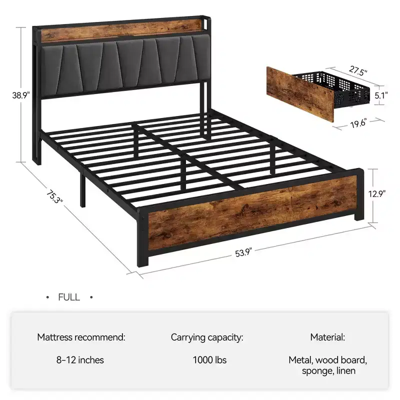 Rustic Brown Storage Bed Frame with 4 Drawers and Charging Station
