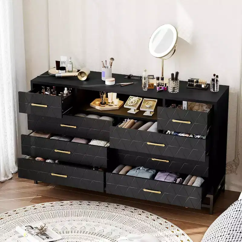 Zstar Modern 8-Drawer Dresser with Built-in USB and AC Charging Stations, LED Lights, Black