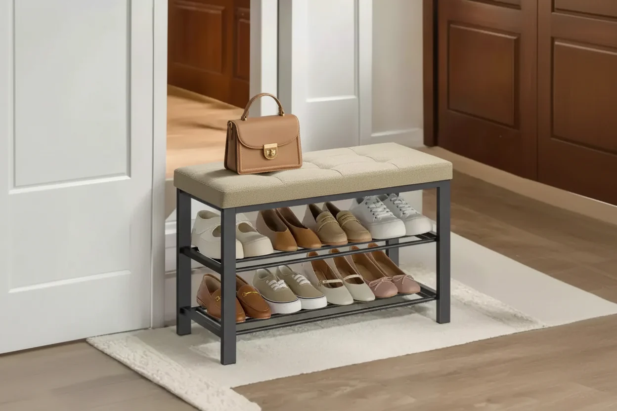 Entryway Shoe Bench with Cushion & Linen Seat - Large Metal Frame