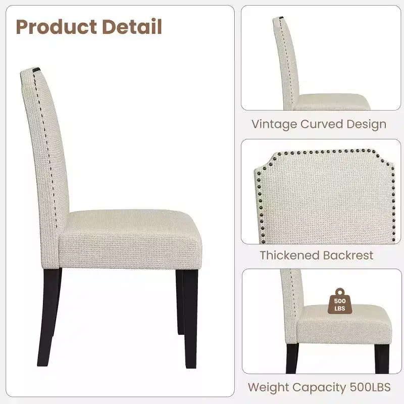 2PCS Upholstered Padded High Back Dining Chair with Wooden Legs, Modern Fabric Side Chair with Nailhead Trim, for Dining Room Kitchen
