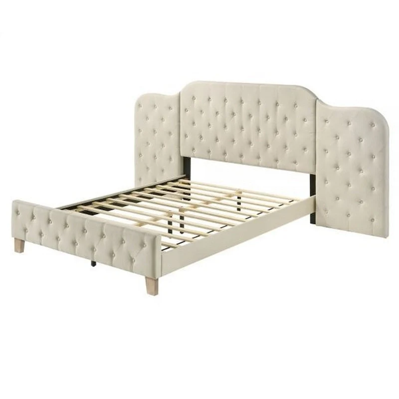 Ronny Inch Queen Size Bed, Wall Headboard, Beige Linen Tufted Upholstery