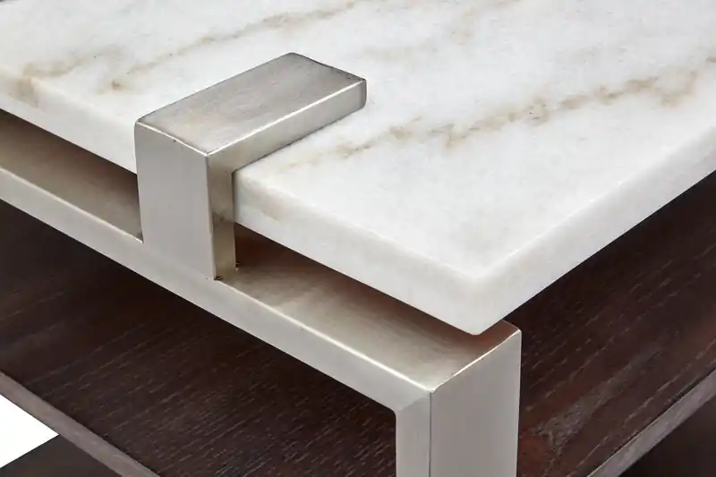 22 Modern End Table with Shelf - White Marble Top with Brushed Platinum Frame
