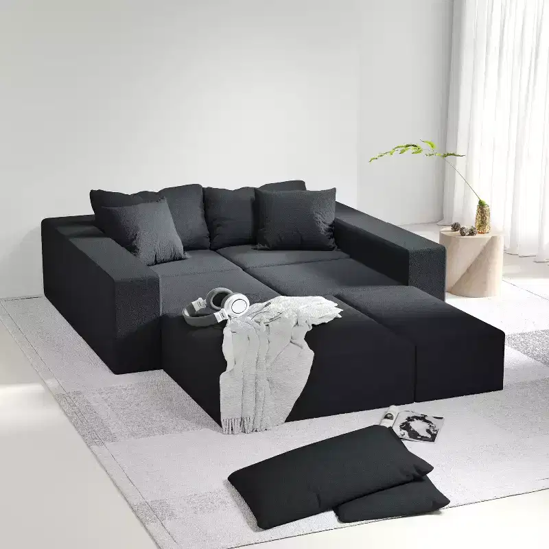 Modern Upholstered Sectional Sofa Couch Set, Modular 132 L-Shaped Sectional Living Room Sofa Set with 6 Cushions