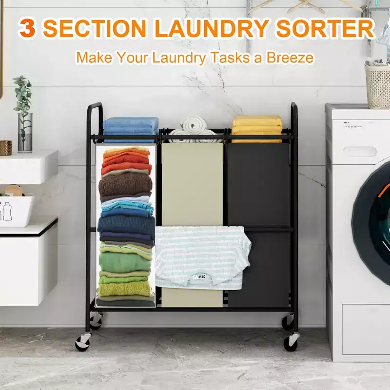3-Bag Laundry Sorter Cart, 120L Rolling Laundry Hamper with Lockable Wheels, 3 Section Large Laundry Basket Organizer