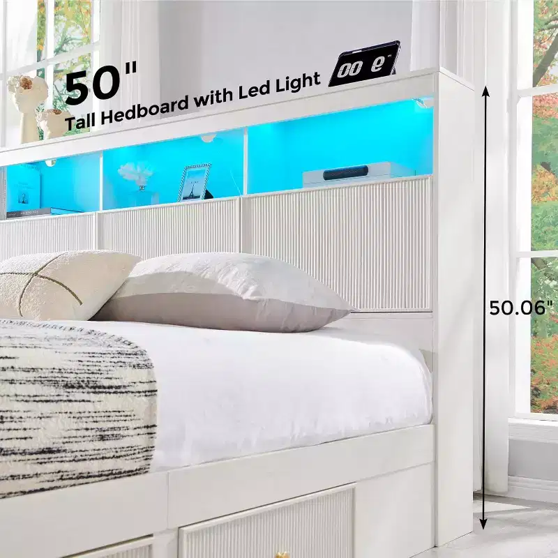 King Size Bed Frame with Headboard, Modern Wooden Platform Bed Frame with Lights & Charging Station & Drawers, No Box Spring Needed