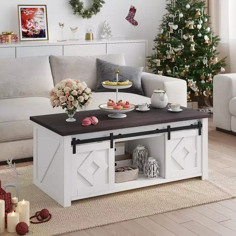 EROMMY Farmhouse Lift Top Coffee Table With Storage & Sliding Barn Doors