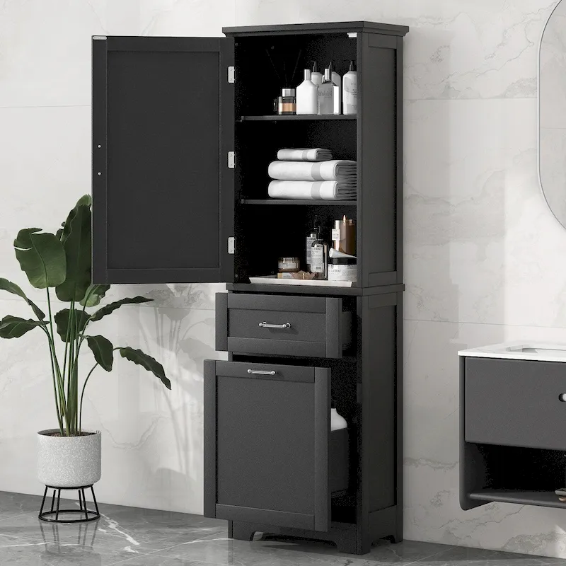 Tall Bathroom Storage Cabinet, Freestanding with Two Drawers and Adjustable Shelf, MDF Board