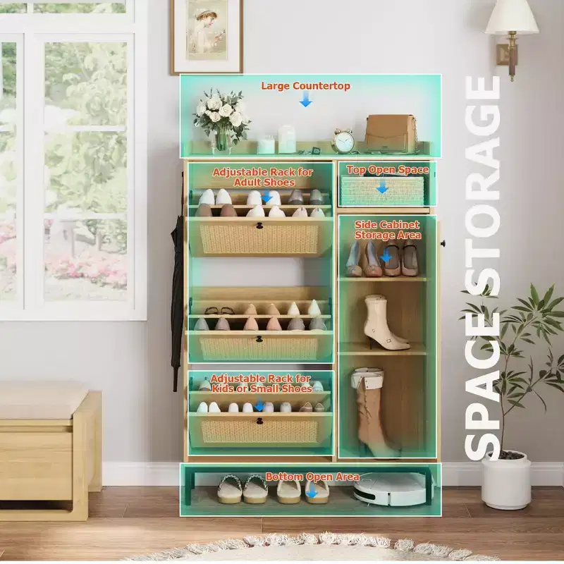 Acekool Rattan 4-Tier Shoe Cabinet with 3 Flip Drawers, Space-Saving Entryway Organizer for Hallway & Closet