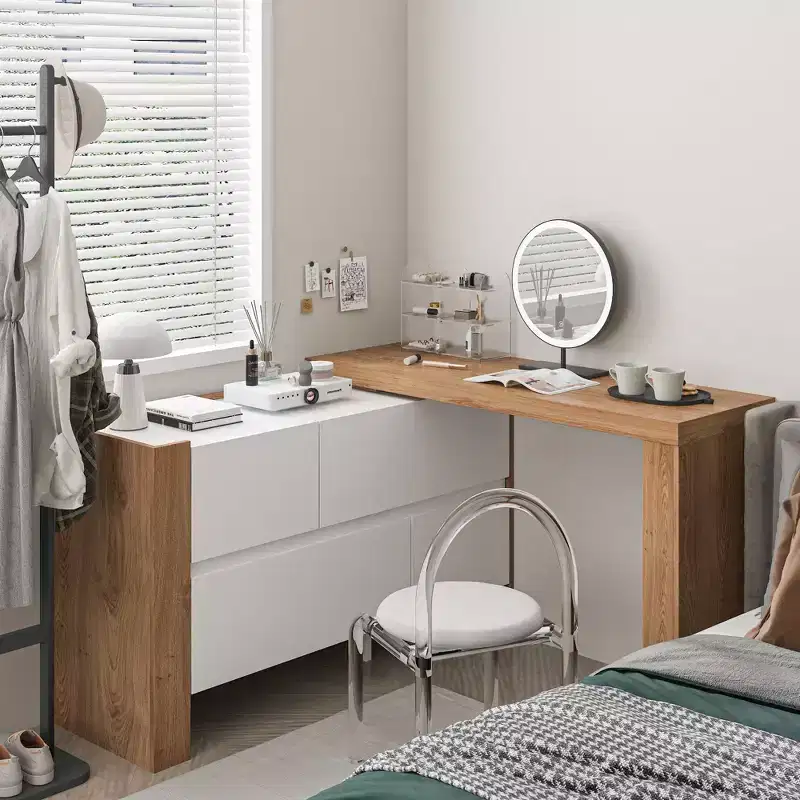 Rotatable Extendable Makeup Vanity Table with Storage Drawers – Brown & White