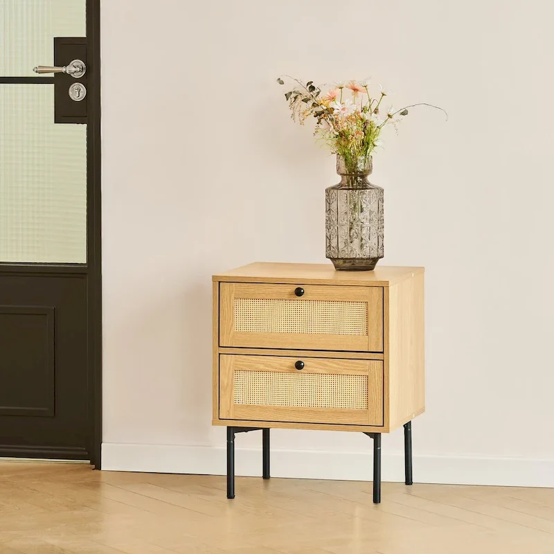 Boho Wicker Rattan Nightstand Bedside Table
