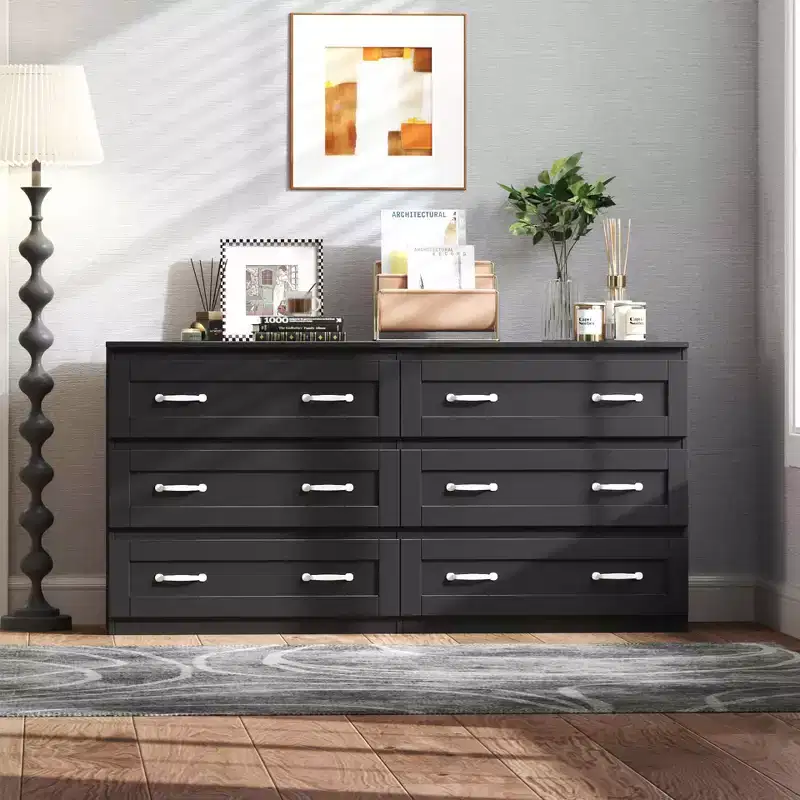 MAYEERTY Modern Side Cabinet with 6 Drawers Wood Chest of Drawers with Metal Handle for Bedroom Living Room Black